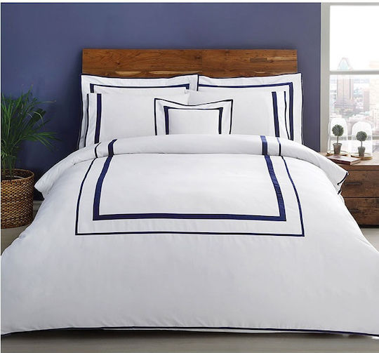 Valeron Set Husă de Pilotă Bumbac Dublă cu 5 Fețe de Pernă & 1 Cearsaf 200x220 White, Navy Blue