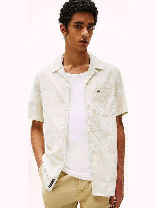 Short-sleeved Denim Shirt Floral Beige