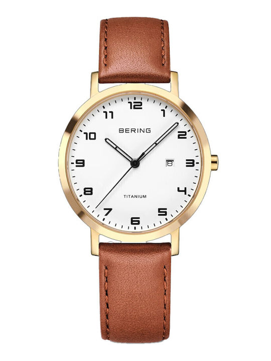 Bering Time Herrenuhr Batterie mit Braun Lederarmband