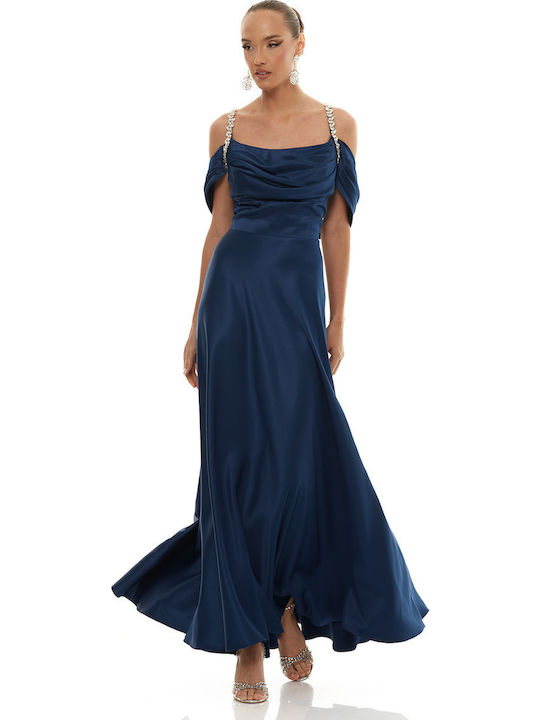 Summer Maxi Dress for Wedding - Christening Drape Satin Blue
