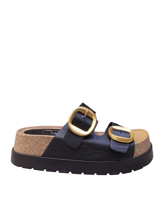 Sante Δερμάτινα Γυναικεία Σανδάλια Flatforms Μαύρα