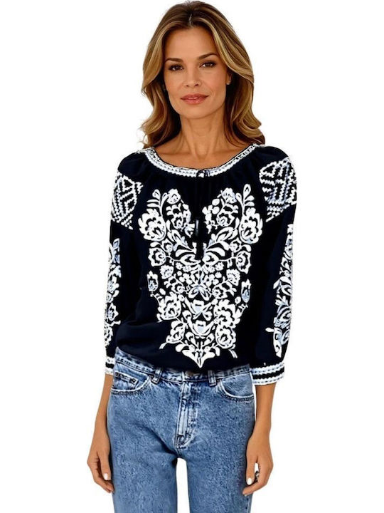 Damen Bluse Baumwolle Langärmelig Black/white