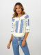 Bluze Damă Mânecă Lungă Bumbac Floral Alb/azur Albastru