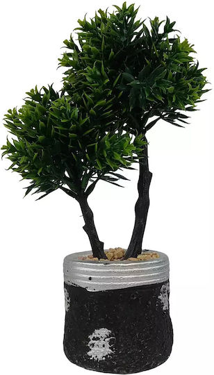Copac Bonsai Artificial Ghiveci Ciment Negru Detalii Argintii