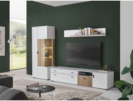 Wohnzimmer TV-Einheit Belmelu 124 Άσπρο, Δρυς mit Vitrine & Beleuchtung