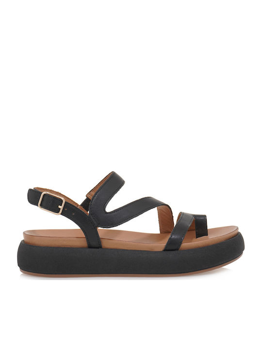 Leather Women's Flat Sandals Flatforms in Black Color