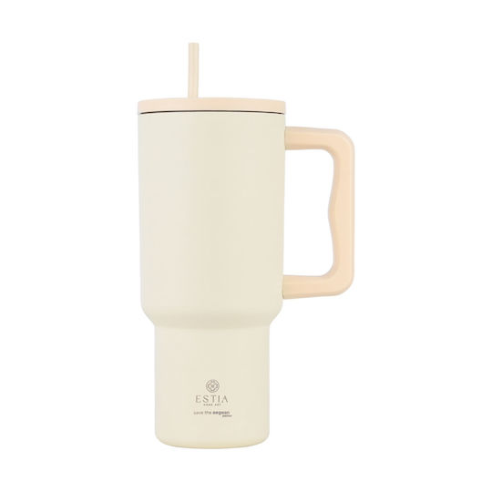 Estia Straw Tumbler XL Save the Aegean Ανακυκλώσιμο Handled Tumbler Θερμός Ανοξείδωτο BPA Free 900ml Lily White με Καλαμάκι και Λαβή