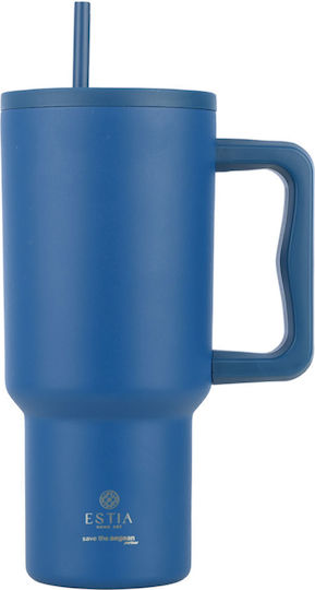 Estia Straw Tumbler XL Save the Aegean Recycelbar Becher mit Griff Thermosflasche Rostfreier Stahl BPA Frei 900ml Denim Blue mit Stroh und Handgriff