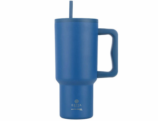Estia Straw Tumbler XL Save the Aegean Рециклируем Чаша с дръжка Термос Неръждаема стомана Без BPA 900мл деним синьо с Сламка и Дръжка