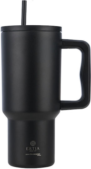 Estia Straw Tumbler XL Save the Aegean Recyclable Handled Tumbler Thermos Stainless Steel BPA Free 900ml Midnight Black with Straw and Handle