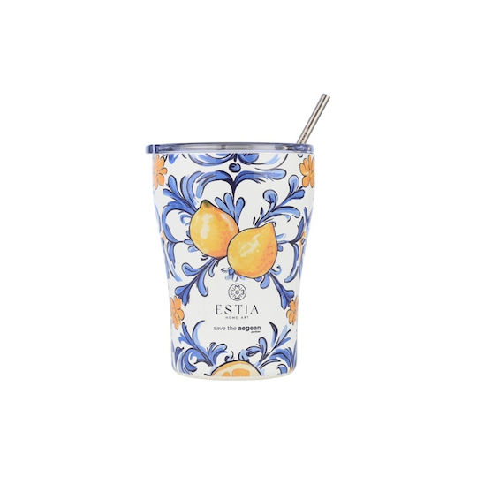 Estia Coffee Mug Save The Aegean Recyclable Glass Thermos Stainless Steel BPA Free 350ml Amalfi Coast with Straw