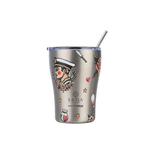 Estia Coffee Mug Save the Aegean Recyclable Thermos Stainless Steel BPA Free 350ml Old School Ink with Straw