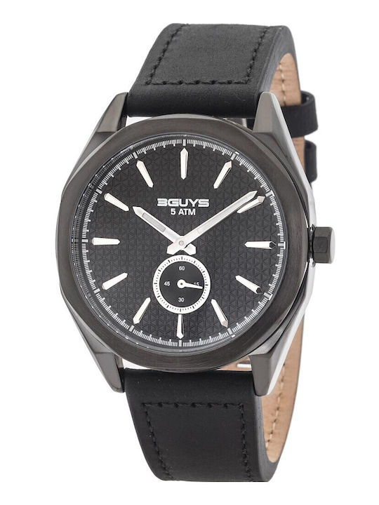 3Guys Men's Watch Battery with Black Leather Strap