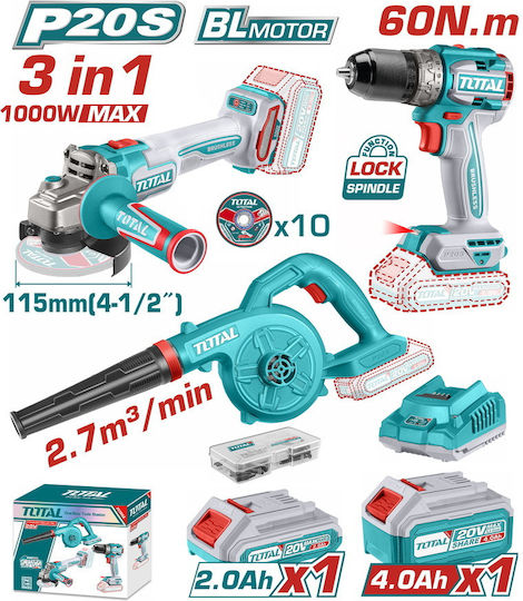 Total Set Angle Wheel & Blower & Drill Driver 20V with 2 Batteries 4Ah - 2Ah