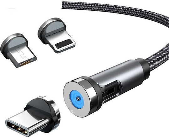 Cablu de Încărcare Magnetic 3 În 1 360° + 180° 2m Micro Type-C iPhone 5V 2.1A Negru