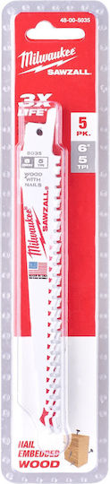 Milwaukee 48475035 Säbelsägeblatt Sawzall Holz Dünnschnitt 150 mm 5-tpi 5 Stück