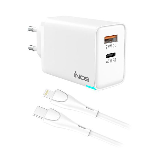 iNOS Charger GaN with USB-A Port and USB-C Port and Cable USB-C - Lightning 45W Power Delivery / Quick Charge 3.0 Whites