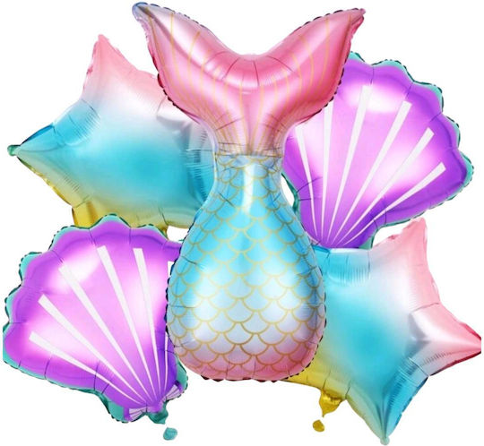 Set of 5 Purple Mermaid Star Foil Balloons Mermaid Shells Stars