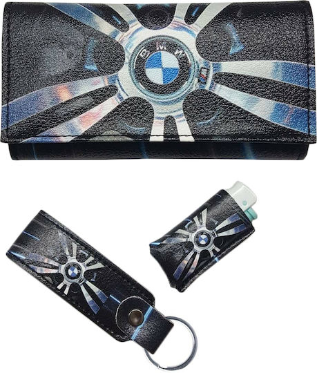 Handmade Synthetic Leather Tobacco Pouch Set with Keychain Lighter Case in Black