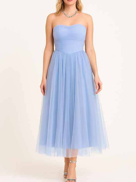 Summer Midi Dress for Wedding Christening Strapless with Tulle Light Blue