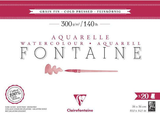 Clairefontaine Fontaine Glued Watercolour Pad 20 Sheets 26x36cm Cold Pressed Fine Grain 300gsm 100% Cotton