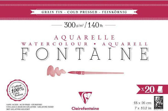Clairefontaine Fontaine Glued Watercolour Pad 20 Sheets 18x26cm Cold Pressed Fine Grain 300gsm 100% Cotton