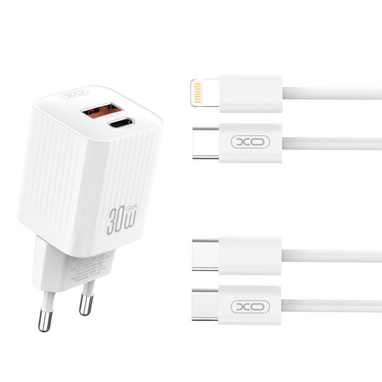XO Ladegerät mit USB-A Anschluss und USB-C Anschluss und Kabel USB-C - Lightning 30W Stromlieferung Weißs (L149)
