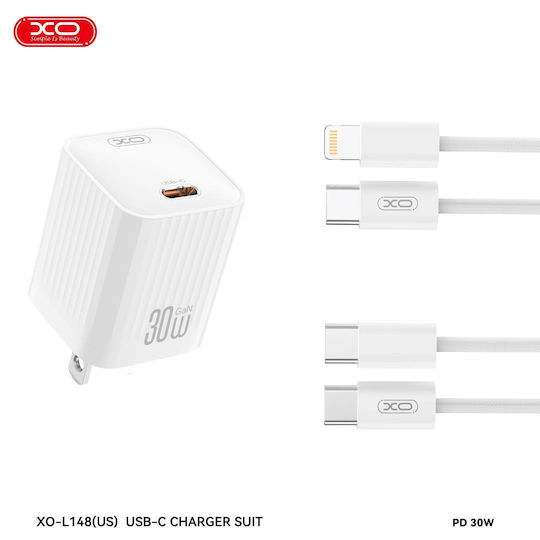 XO Charger GaN with USB-C Port and Cable USB-C - Lightning 30W Power Delivery Whites (L148)
