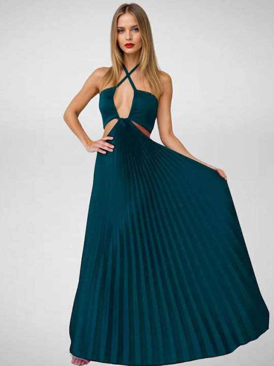 Summer Maxi Evening Dress Satin Open Back Green