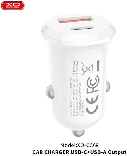 XO CC69 Mini Smart Car Charger 30W 2.75A Fast Charging with Ports: 1xUSB 1xType-C White Color