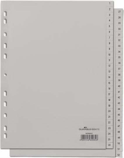 Separatoare din plastic pentru biblioraft, durabile, numerotate, gri 1-52