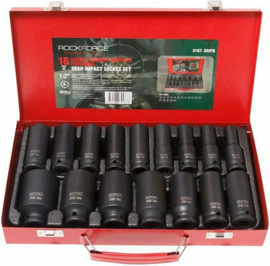 Rockforce Καρυδάκια Αέρος Μακριά με Καρέ Υποδοχής 1/2" Σετ 16τμχ