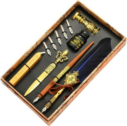 Wooden Calligraphy Pen with Feather Blue Wooden with Blue Ink