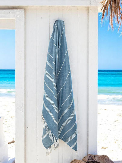 Linea Home Beach Towel Pareo Cotton Petrol Blue With Fringes 90x170cm