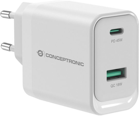 Conceptronic Charger Without Cable GaN with USB-A Port and USB-C Port 45W Power Delivery / Quick Charge 3.0 Whites (ALTHEA20W45)