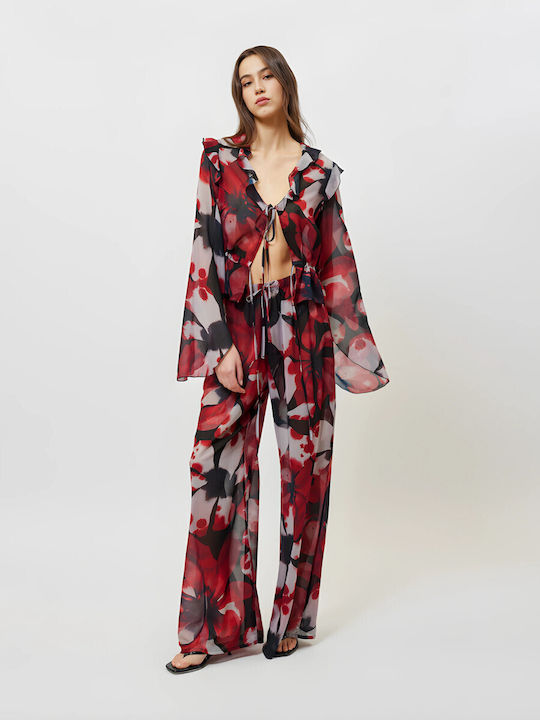 Women's Fabric Trousers Loose Fit Floral Black