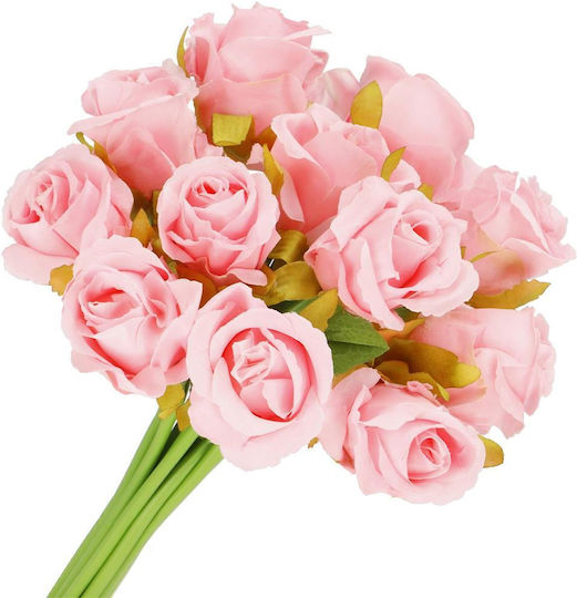Artificial Flower Bouquet Made Polyester 12 Stems Roses 26cm Pink