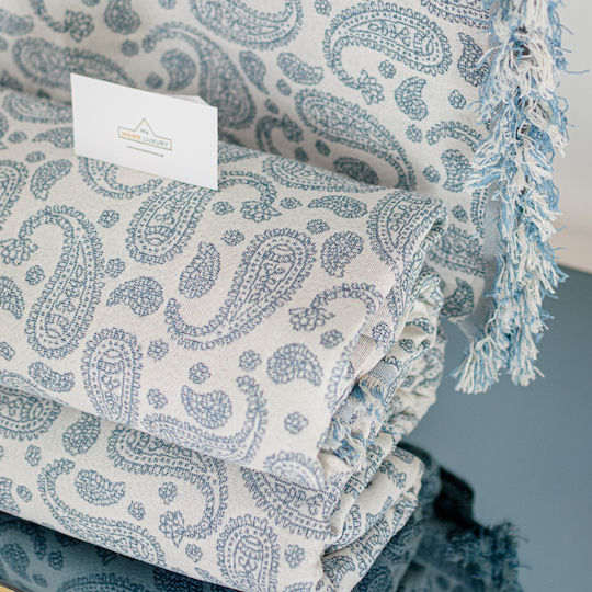 My Home Luxury Armchair Throw 180x200cm Ecru With Blue Pattern T2bl 180 T2BL 180