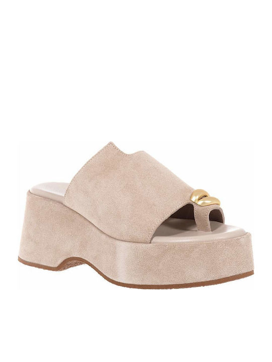 Leather Women's Flat Sandals in Beige Color