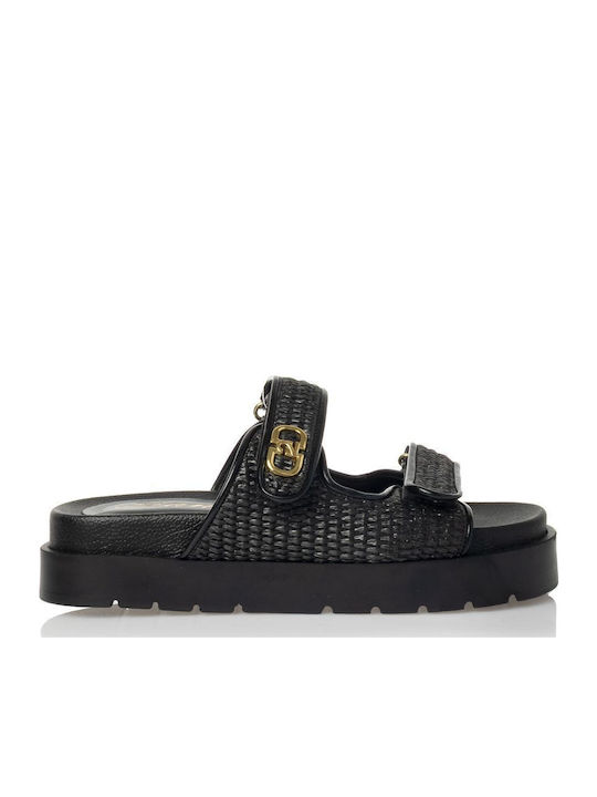 Leather Women's Flat Sandals in Black Color