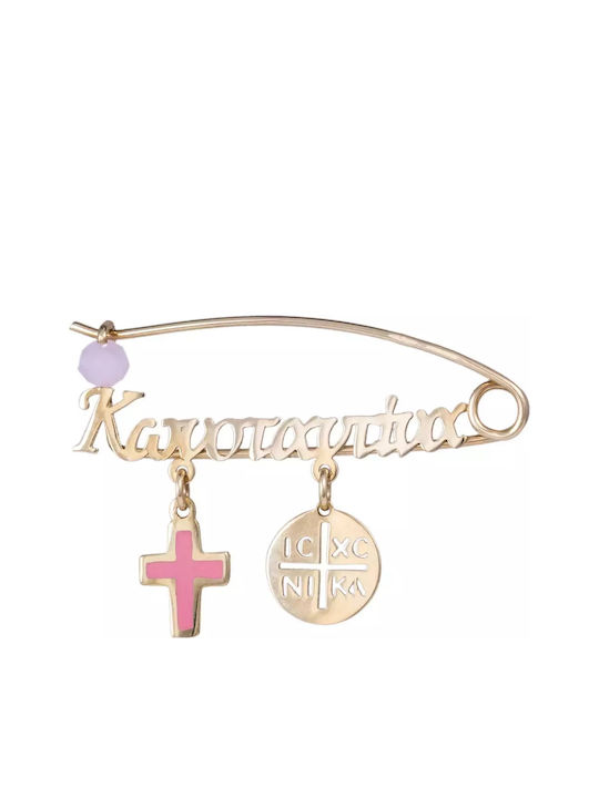 Child Safety Pin made of Gold 14K with Cross and Constantinato for Girl