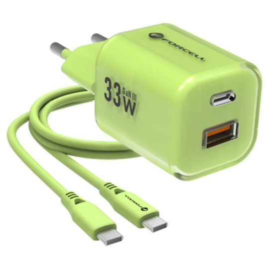 Forcell Charger GaN with USB-A Port and USB-C Port and Cable USB-C - USB-C 33W Power Delivery / Quick Charge 4.0 Greens (F-Energy VT-41)