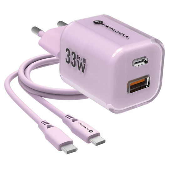 Forcell Încărcător GaN cu Port USB-A și Port USB-C și Cablu USB-C 33W Livrarea energiei / Quick Charge 4.0 Violet (F-Energy VT-41)