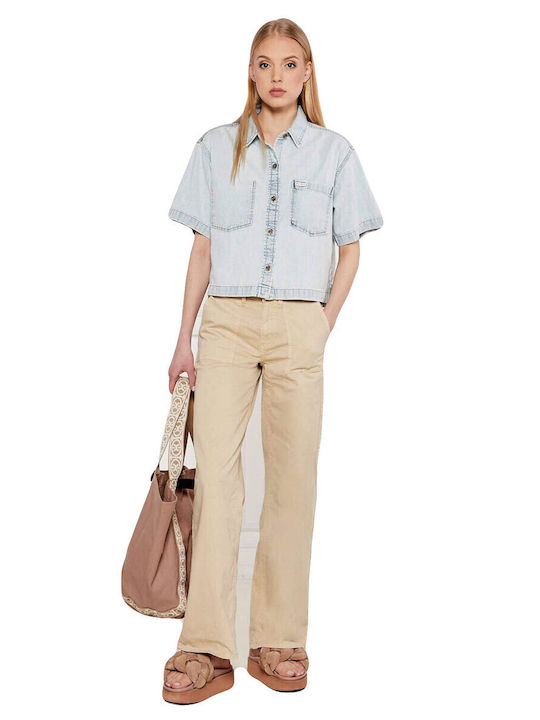 High Waist Women's Jeans Pants in Loose Fit Beige W5GB40WGB51