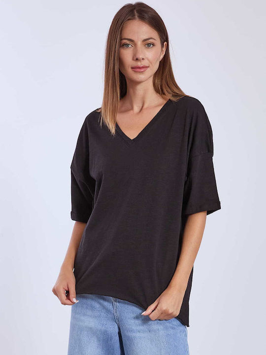 Women's Blouse Cotton with V Neckline Black