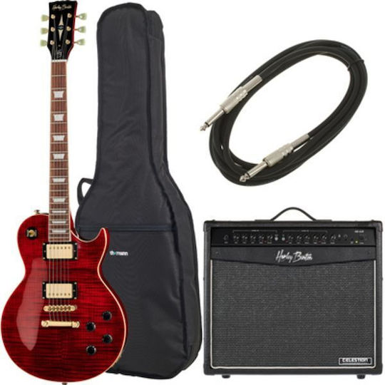 Harley Benton Set Electric Guitar Single cut with HH Pickup Configuration Gloss Black Cherry Flame with Case