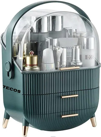 Organizator portabil pentru cosmetice, bijuterii, produse de machiaj Tecos, spațiu de depozitare, 2 sertare, cutie de expunere multifuncțională, ideal pentru activități profesionale, călătorii, verde