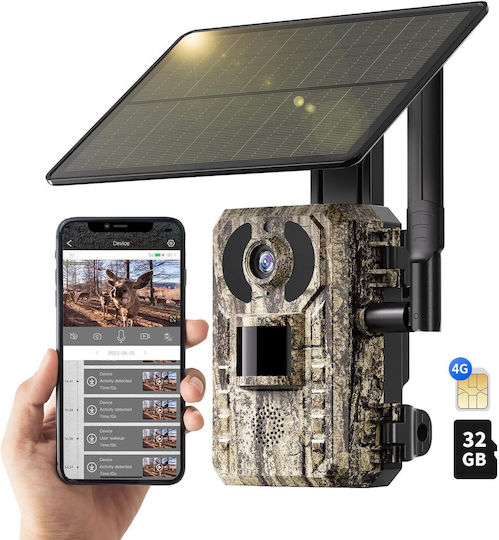 4g Trail Camera Solar Panel Motion Sensor Night Vision 170° Angle Camera Live Streaming Ip66 Waterproof App Control Sim Card 32gb Card Included Brown