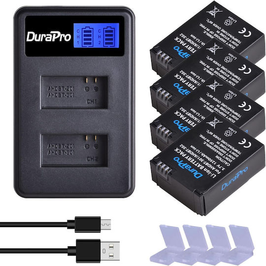 Set 4 Baterii de 1250mAh Încărcător Dual USB cu Ecran LCD pentru GoPro Hero 3, GoPro Hero 3+ Edition Silver, Hero 3 White Edition, Hero 3 Black Edition, Gopro Hd Hero 3+ Black Edition Ahdbt-301 Ahdbt-302