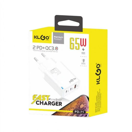 KLGO Φορτιστής Χωρίς Καλώδιο με Θύρα USB-A και 2 Θύρες USB-C 65W Power Delivery / Quick Charge 3.0 Λευκός (PD-71)